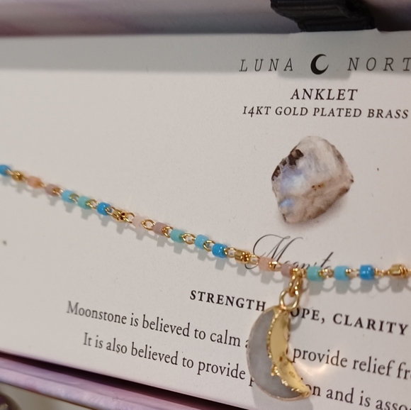 DOUBLE CHAIN LUNA NORTE MOONSTONE GEMSTONE BEADS CHARM ANKLET ONE SIZE FITS ALL - Picture 5 of 13